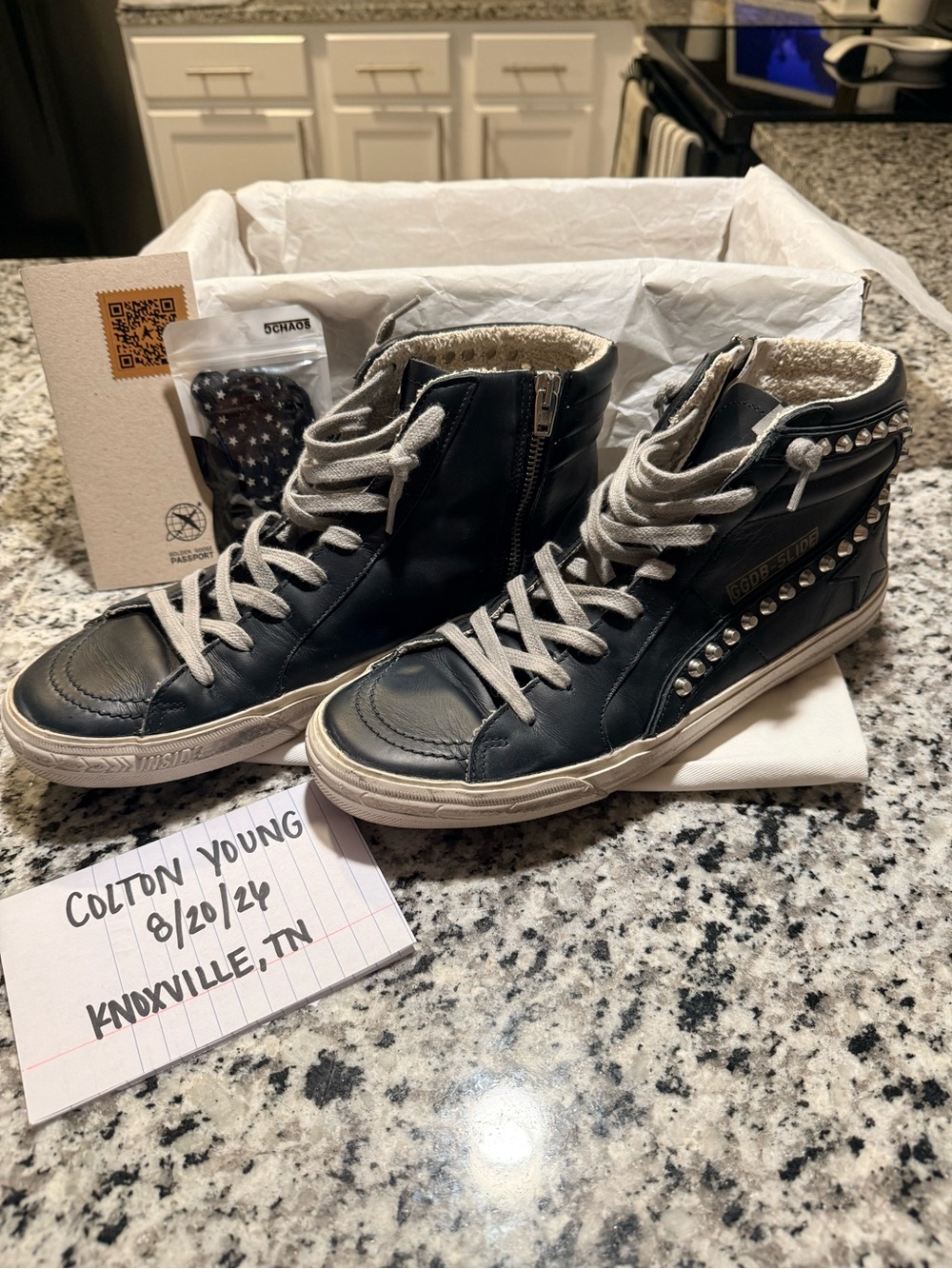 Golden Goose Slide Black Leather High-Top Sneakers with Silver Studs